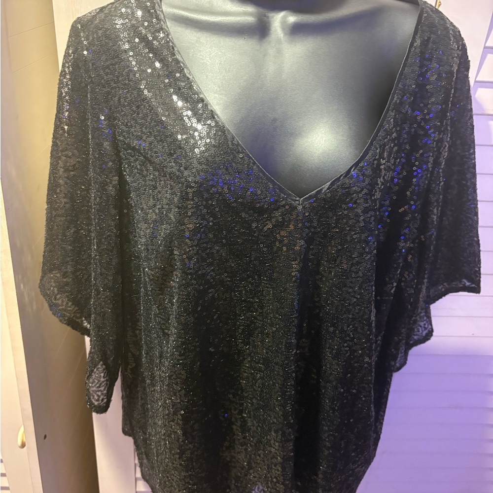 Roz & Ali Black V-Neck Sequin Blouse
